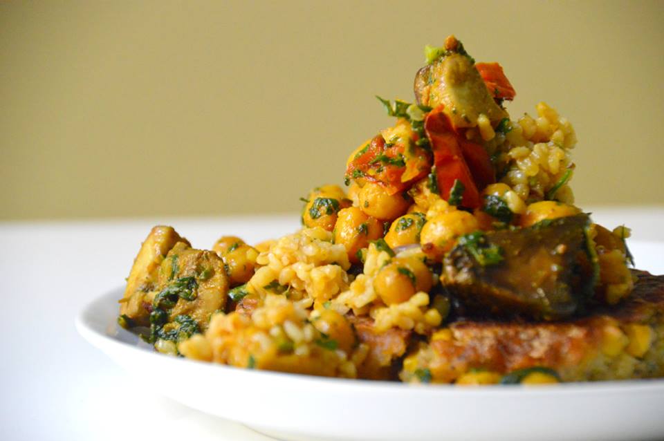 Sweet Corn and Danish Fetta Fritter with Onion Jam, Middle Eastern Cracked Wheat and Spiced Chickpeas with Mushroom