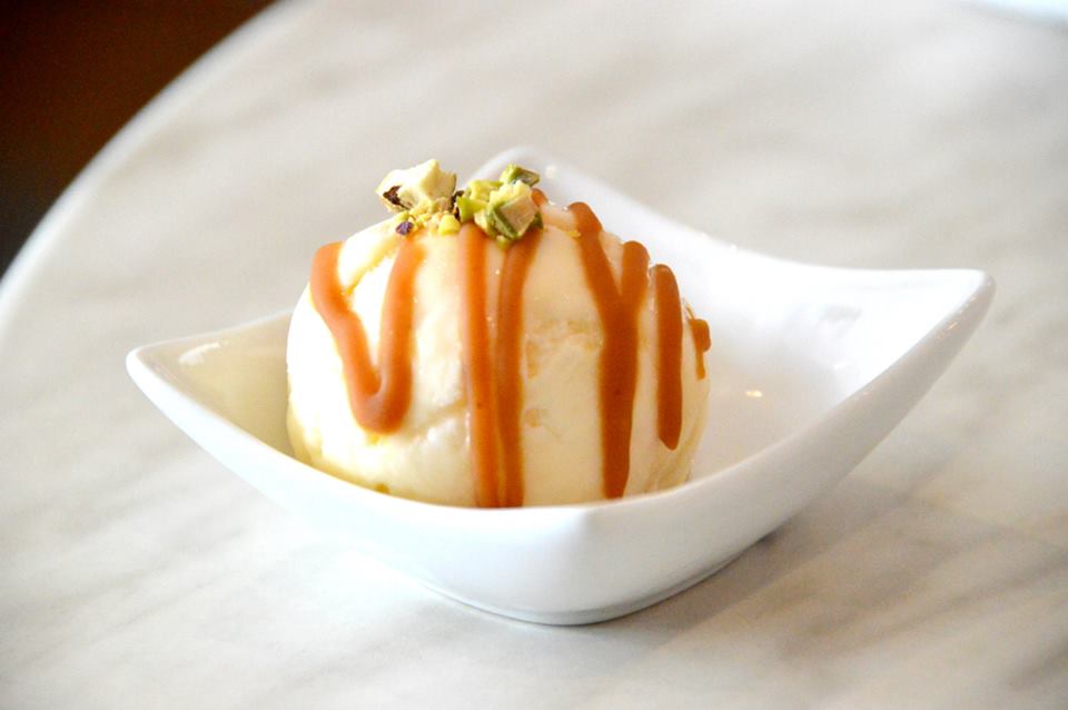 Vanilla Ice Cream with Salted Caramel Sauce and Pistachio