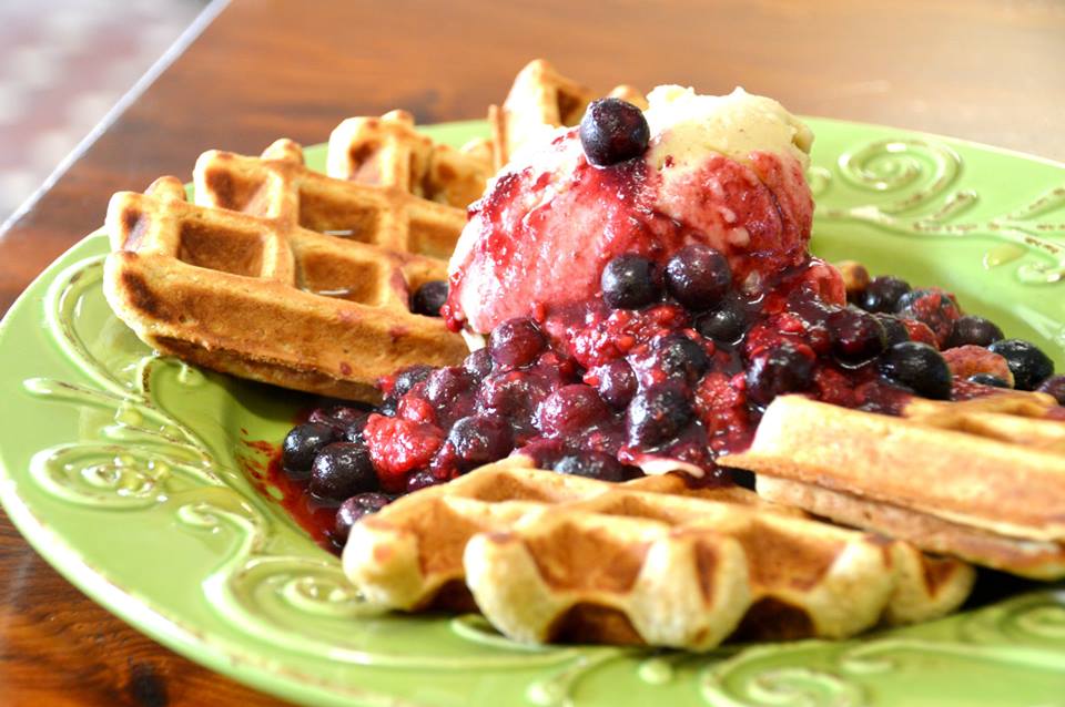 Waffles with Banana Ice Cream and Berry Coulis