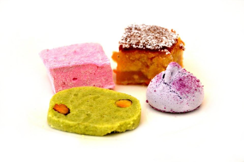 Pistachio Shortbread, Rose Water Marshmallow, Frangipani Tart, Violet Meringue