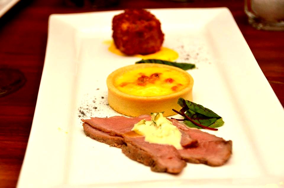 Poached Veal, Roast Garlic Sweet Potato Tart, Smoked Salmon Arancini