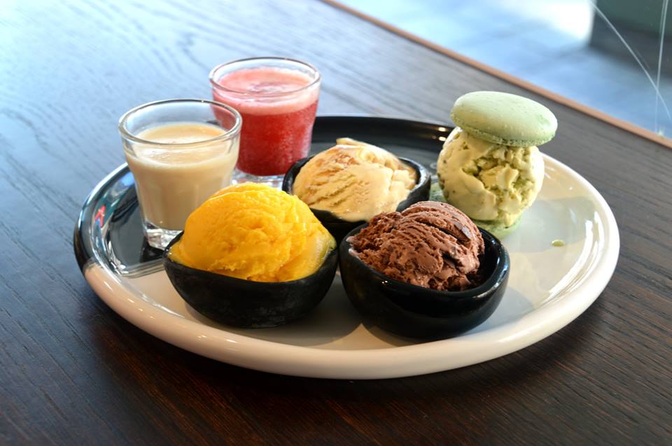 Mango Sorbet, Creme Brulee, Swiss Chocolate, Pistachio