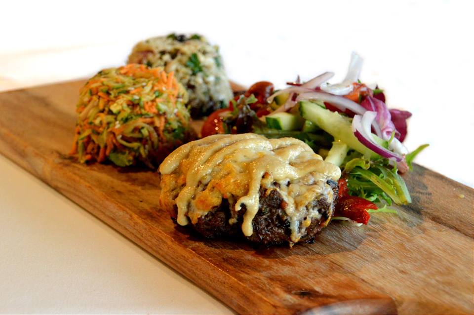 No Bun Burger with Fabulous Salads & Sunflower Seed Dressing