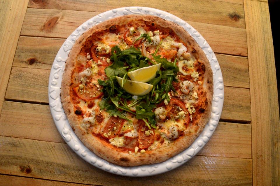 Prawns, Tomato, Feta, Rocket, Chilli, Garlic