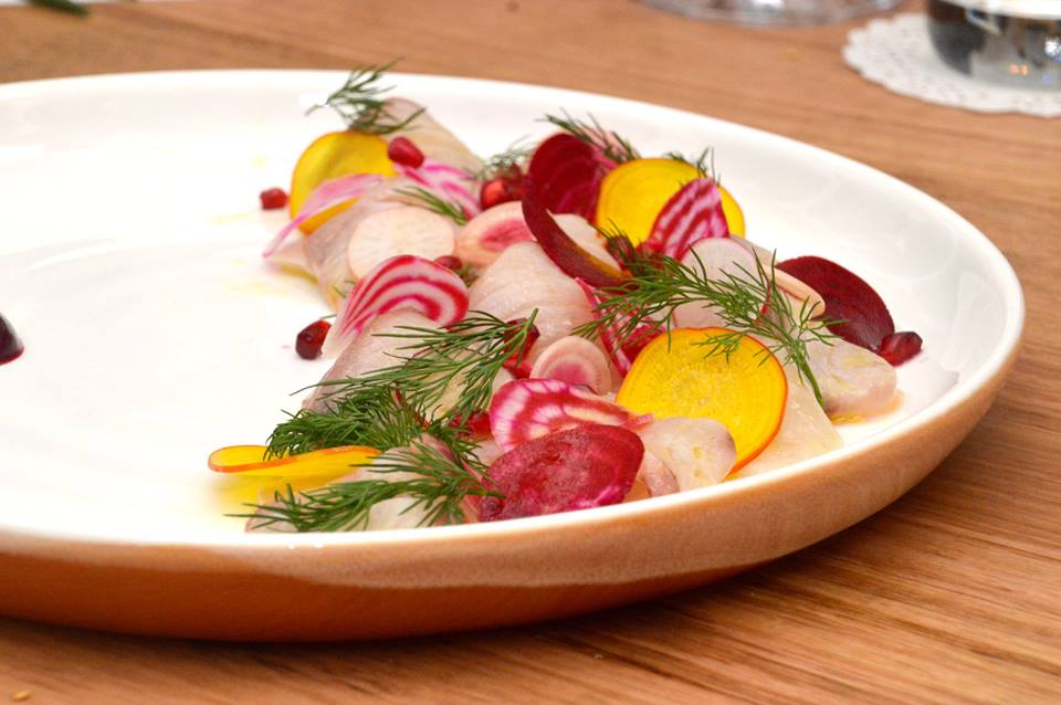 Kingfish crudo, dill, pomegranate, radish, beets