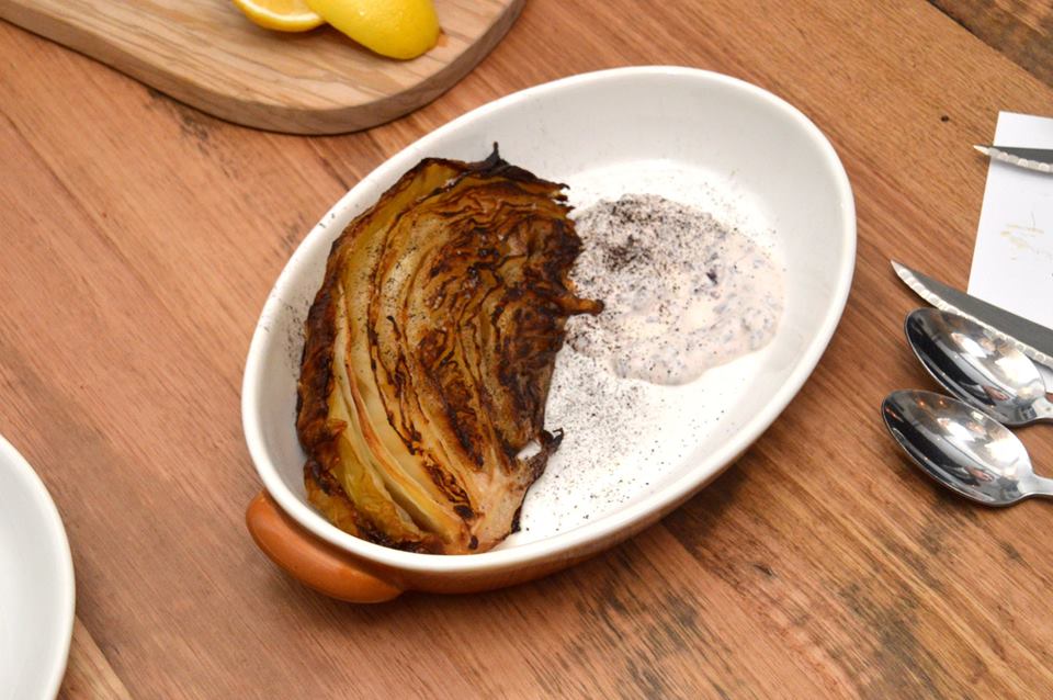 Grilled cabbage. Kalamata yoghurt, leek ash
