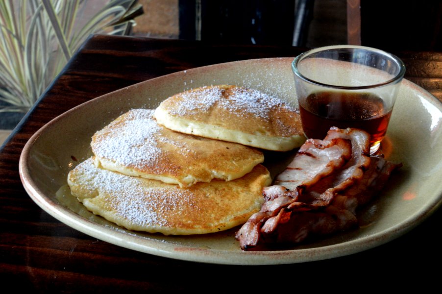 Buttermilk Pancakes with Bacon and Maple Syrup