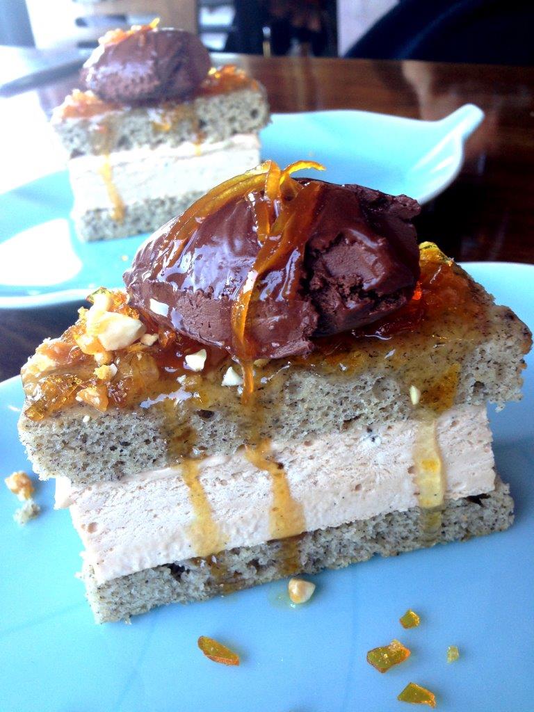 Banana Cake with White Chocolate Parfait, Orange Marmalade and Chocolate Jaffa Mousse