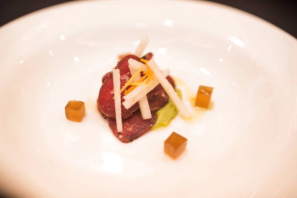 Frozen Kangaroo Fillet, Nashi Pear, Yuzo Avocado Puree, Dehydrated Cranberries