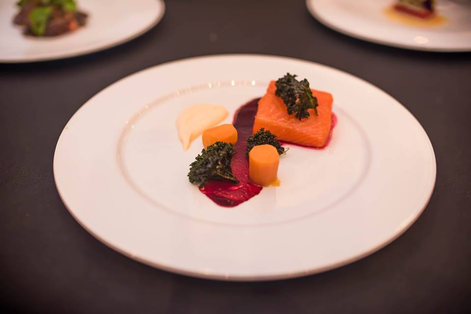 Roast Petuna Ocean Trout, Warmed Pickled Carrot, Kale Crisp, Beetroot, Fennel Pollen Cream